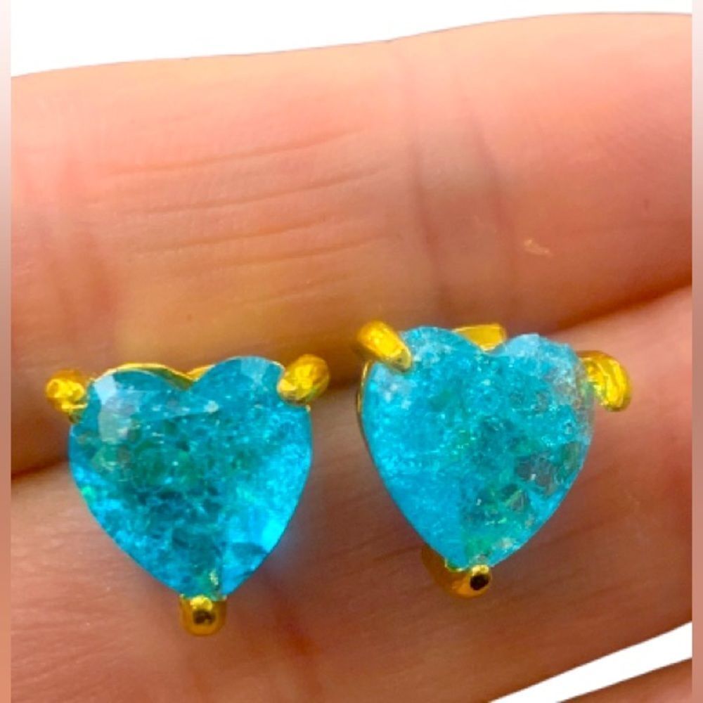 Big Bold Ocean Sky Blue Crystal Heart Studs, 14k Yellow Gold Plated Earrings,